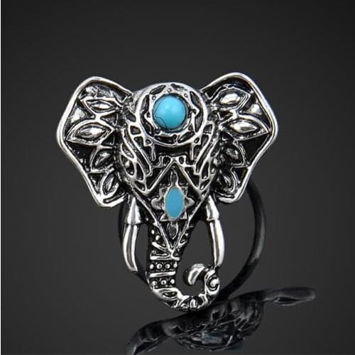 Silver Plated Boho Elephant Head Rings for Women Cute Animal Turquoises Adjustable Opening Finger Ring Ethnic Party Jewelry