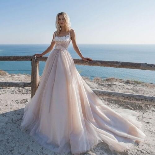 New Spaghetti Straps See Through Empire Waist Champagne Wedding Dress with Lace Applique Lace Up Beach Bridal Dress