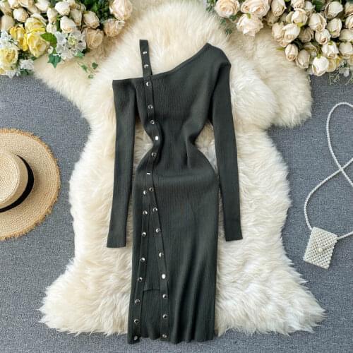 Ins Fashion One Shoulder Off Split Bodycon Dress Autumn Winter Women Knitted Sweater Dress Elegant Party Black Dress