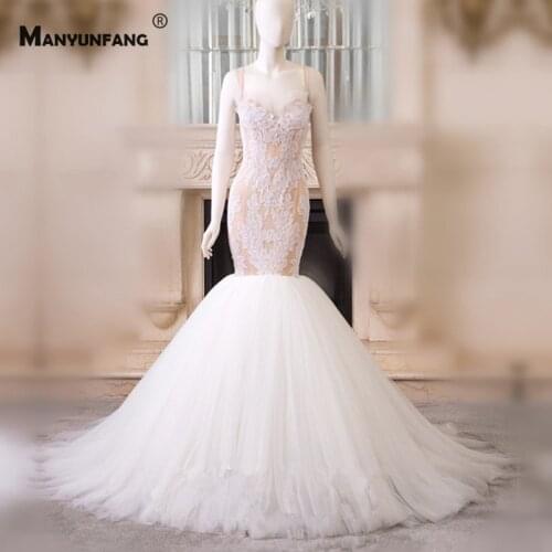 100% Real Sleeveless Embroidery Appliques Tulle Mermaid Wedding Dress Custom Made Zipper Back Sweetheart Neck Bridal Gown