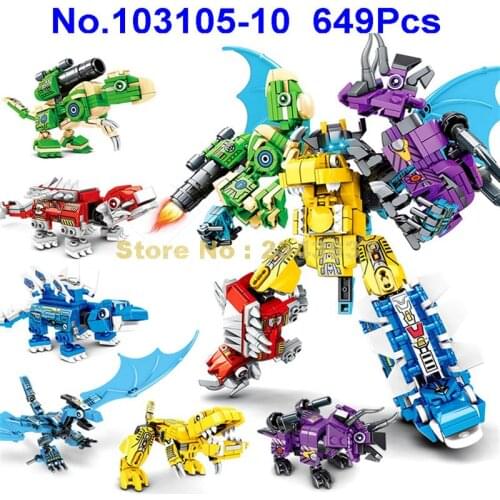 103105-10 649pcs 6in1 Deformation Robot Jurassic Dragon Building Blocks Toy