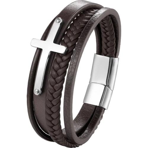 2020 Punk Cowhide Multi-layer Charm Wristband Leather Bracelet Men Jewelry Stainless Steel Bracelet & Bangle Valentines Gift