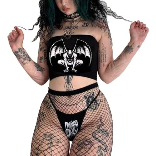 2021 Newest Womens Strapless Crop Tops Gothic Devil Print Sleeveless Backless Slim Fit Tube top shoulder Tops