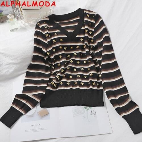 ALPHALMODA 2020 Autumn Women Heavy-work Beaded Striped Fashion Knitting Tshirt V-neck Pullovers Long-sleeved Trendy Jumper