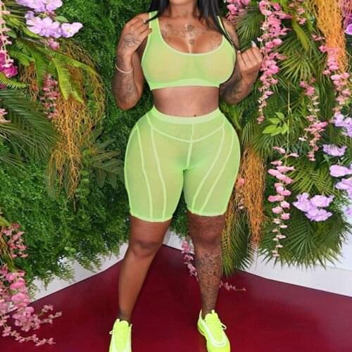 DSMTRC Womens Outfits Summer Sleeveless Backless Crop Tops And Shorts Set Black Sexy See Through Mesh Bodycon Party 2 Piece Sets