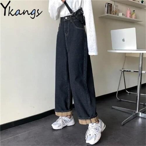 Oversized Vintage Plaid Stitching Black Wide Leg Jeans Rolled Leg Korean Women Denim Pants Baggy High Waist Streetwear Trousers