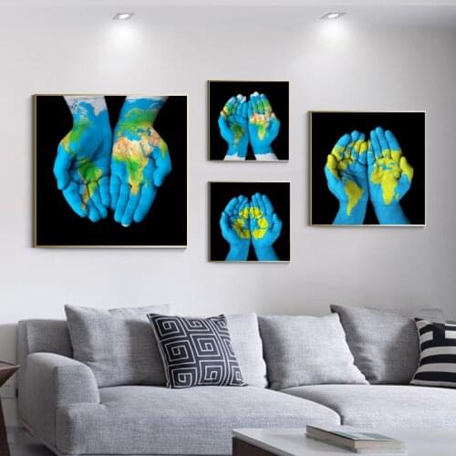 World in Our Hands Oil Paintings on Canvas Posters and Prints Abstract World Map Wall Art Pictures for Living Room Home Decor
