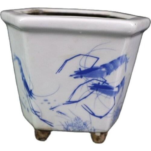 China Old Porcelain Blue And White Shrimp Fun Pattern Hexagonal Flower Pot