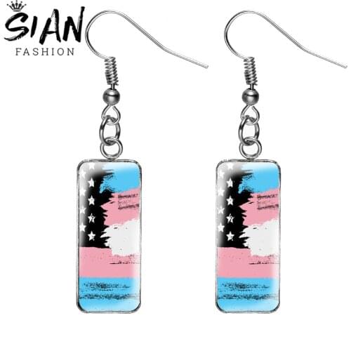 SIAN LGBT Rainbow Pride Art Pattern Flag Rectangular Pendant Earrings Lesbian Pride Silver Fish Hook Earrings Jewelry Accessory