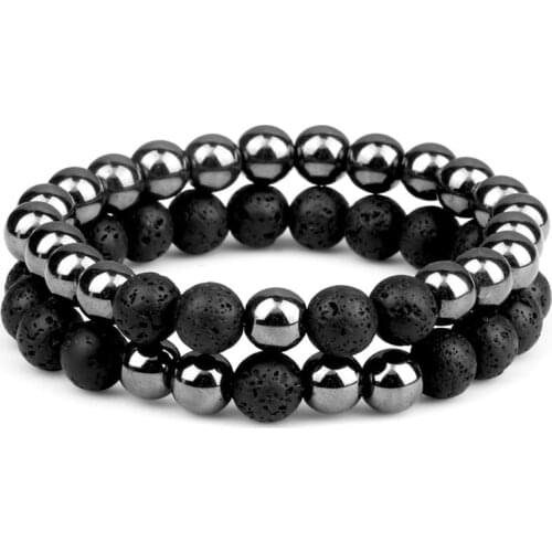 2Pcs/Set Couples Beaded Bracelet 8mm Natural Black Lava Stone Hematite Distance Bracelets For Women Men Jewelry Best Friend Gift