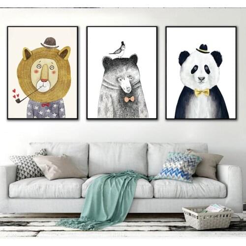 Cartoon Animal Poster Prints Lion Bear Panda Canvas Painting For Kids Room Canvas Art Home Decor Wall Art Poster
