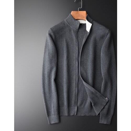 Men Hight Quality Grey Navy Solid Color Cardigan Zipper Sweater Male Fashion Slim Fit Stand Collar Mens Sweaters