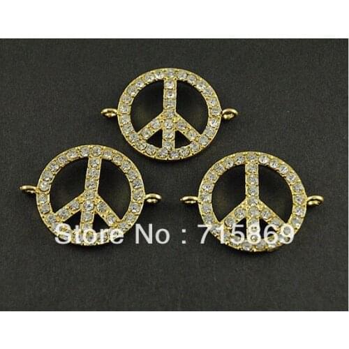 Wholesale 100pcs/lot Gold Tone White Rhinestone PEACE Sign Connector 25x25mm Free Shipping