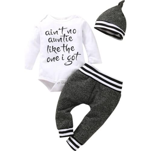 3 Pcs Newborn Casual Outfits, Baby Letter Print Long Sleeve Round Neck Romper + Striped Pants + Knotted Hat