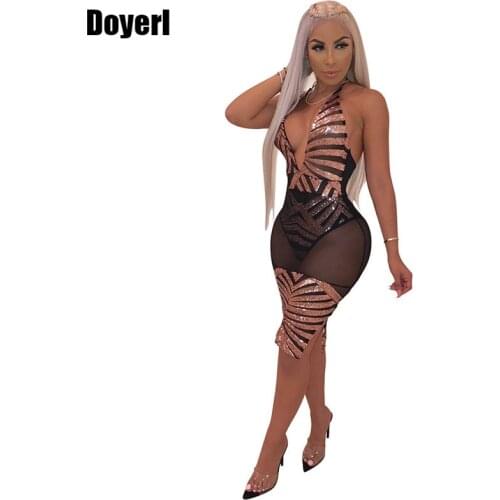 Sheer Mesh Sexy Sequin Dress Women Halter Open Back See Through Sparkly Bodycon Dress Night Party Night Club Dress Vestidos