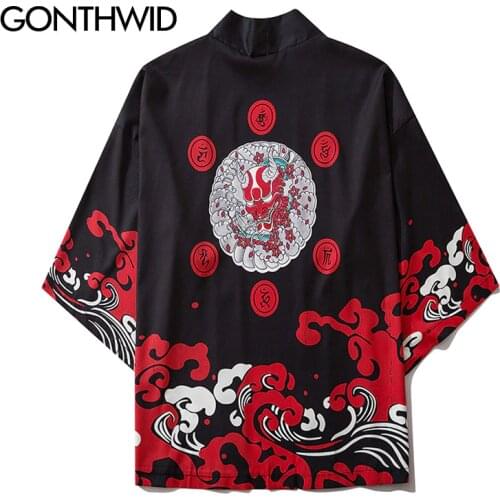 GONTHWID Japanese Devil Print Kimono Cardigan Shirts Casual Open Front Coats Streetwear Harajuku Hip Hop Jackets Summer Tops Men