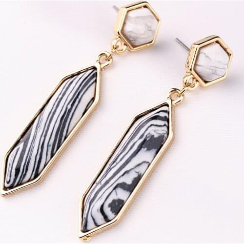 White Black kallaite Stone Dangle Earrings Gold Color Hexagon Howlite Ear Stud For Women Jewelry