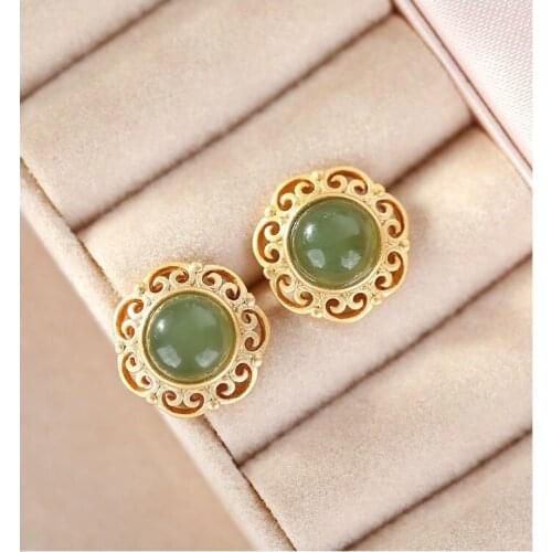 Palace Style Gray Jade round Studs Silver Plated Hollow Pattern Hetian Jade Earrings Exquisite Han Chinese Clothing Accessories