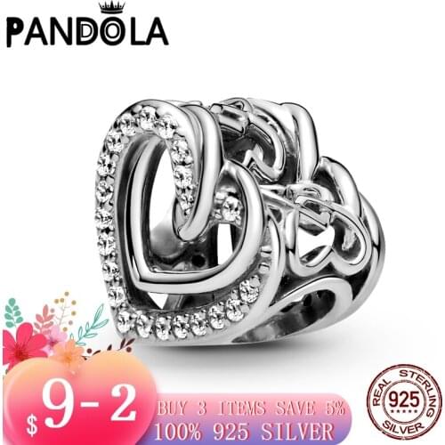 Hot 100% 925 Sterling SILVER charms Sparkling Entwined Hearts Charm fit Original Pandora Bracelet silver 925 jewelry