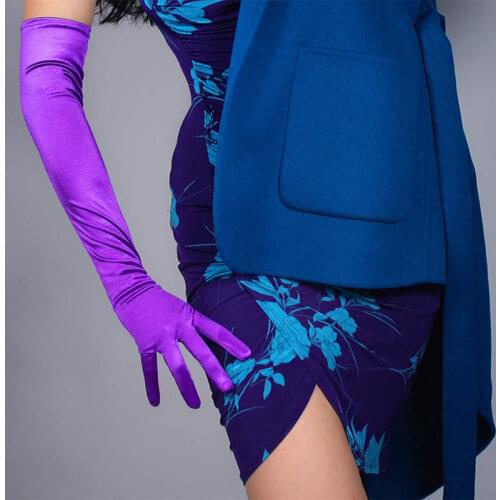 Lilac Bridal Satin Banquet Party Elegant Pearly Lustre Elastic Long Purple Gloves Female Silver Sunscreen Long Evening Glove