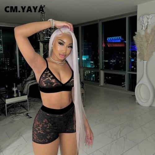 CM.YAYA Lace Patchwork Sexy Womens Set Beach Party Bra Tops and Shorts Matching Two 2 Piece Set Sleepwear Outfits Sweatsuit
