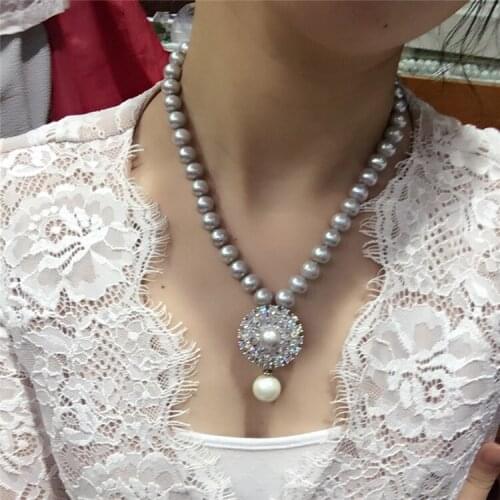 Hand knotted natural 9-10mm grey freshwater pearl zircon accessories short chain necklace shell pearl pendant fashion jewelry