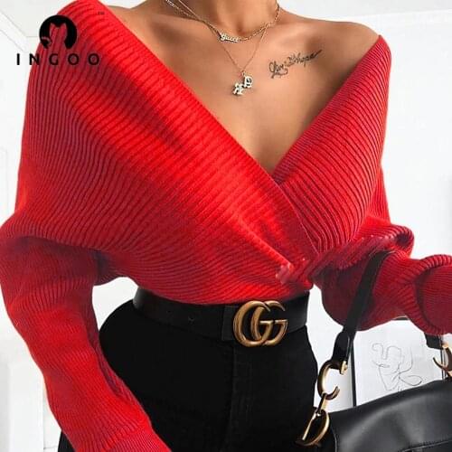 Off Shoulder Oversized Sweater Pullover Wrap V Neck Backless Puff Sleeve Sexy Elegance Tops Loose Autumn Winter Solid Sweaters