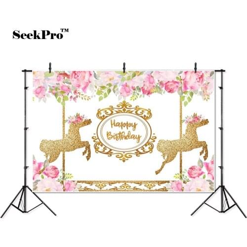 Thin vinyl happy birthday Carousel flowers children photo Background Printed Professional indoor Photographic studio Backdrop