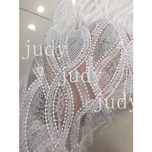 Stock White embroidery twisted lines dense DIY beads mesh fabric for wedding dress fashion FH71 Free shipping