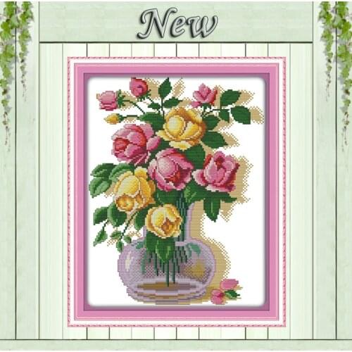 Dual color rose flowers vase 11CT patterns printed on fabric 14CT needlework diy dmc cross stitch chinese Sets Embroidery kits