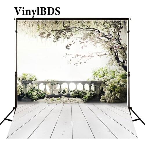 VinylBDS 10x10ft Flower Tree Balcony Indoor Wedding Backdrop Romantic White Wooden Floor Background for Photocall Wedding