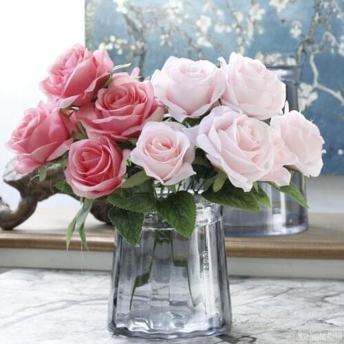 High quality 7 head silk beatiful corlorful rose with vivid leaf set home table office hotel decoration for wedding flowers