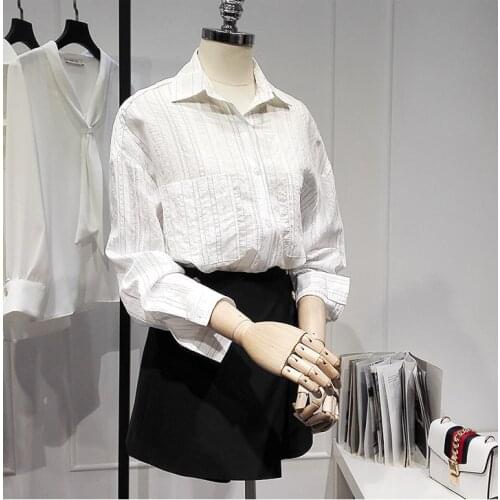 Womens Spring Summer Runway Fashion White Stripe Cotton Shirt Female Casual Loose Office Lady Basic Blouse Tees Tops TB1698