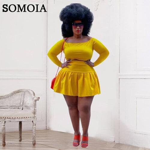 Plus Size Women Clothing Pleated Skirts Sets Sweet Casual Long Sleeve Two Piece Set Crop Top and Mini Skirt Wholesale Items