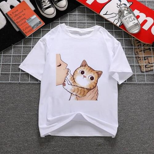 Women Aesthetic shirt Harajuku Kiss Cats T Shirt Ullzang Vintage 90s tshirt New Fashion Top Tees Female Tumblr Clothing