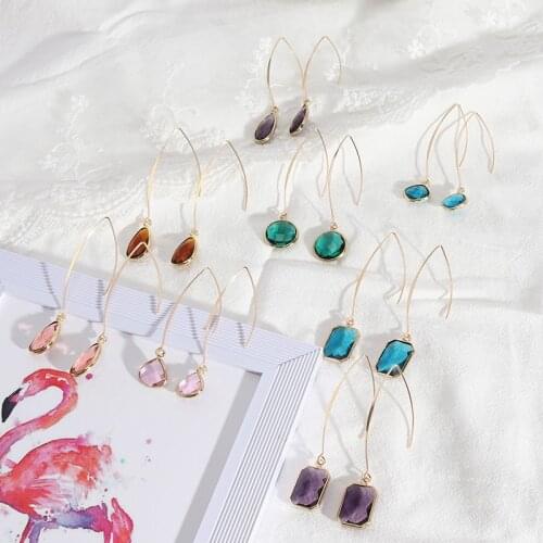 Waterdrop Hexagon Square Glass Edge Engraving Surface Brincos Pendientes Charm Dangle Earrings Jewelry Women