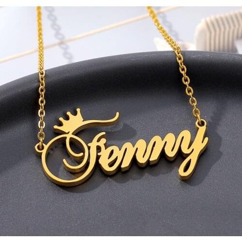 Stainless Steel Personalized Name Crown Necklace Jewelry Rose Gold Silver Color Customized Cursive Font Choker Necklace Women