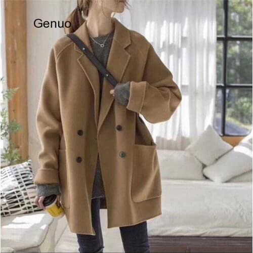 Slim Winter Wool Blends Oversize Women Long Coat Autumn Woolen Jacket Office Lady Turn-Down Collar Overcoat Outerwear