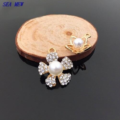 10pcs Fashion Metal Alloy KC Gold Imitation Pearl Flowers Pendant Crystal Rhinestone Charm For Jewelry Making Accessories