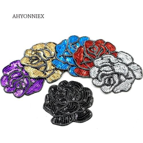 AHYONNIEX 5pcs/lot Sequined Bead Brand Rose Flower Cloth Patches Iron on Applique Bag Stickers on Clothes