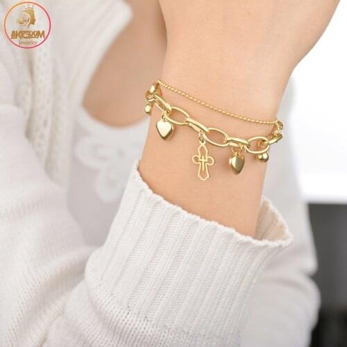 Akizoom Fashion Punk Bangles Stainless Steel Gold Color Cross Heart Double Layers Bracelets for Women Charm Jewelry Gift