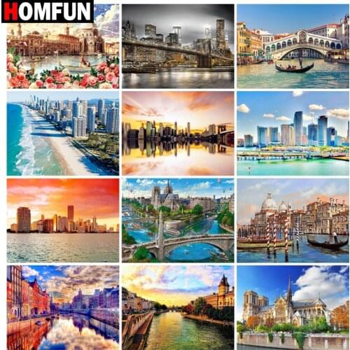 HOMFUN Diamond painting "City lake landscape" Full Square/Round Drill Wall Decor Inlaid Resin Embroidery Craft Cross stitch