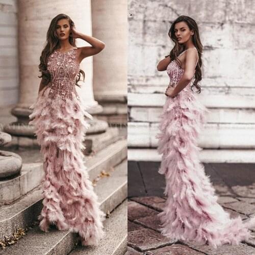 Arabic Pink 3D Floral Mermaid Feathers Prom Dresses 2k20 Long African Evening Gowns Semi Formal Gala Dress Graduation Party Gown