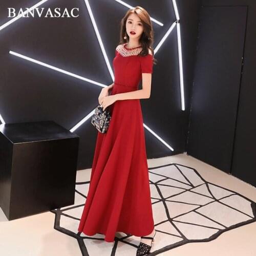 BANVASAC Luxury Crystal O Neck Sash A Line Long Evening Dresses Party Short Sleeve Illusion Backless Prom Gowns