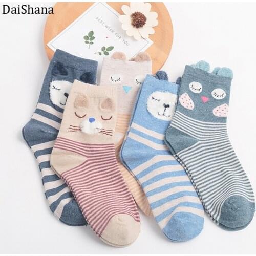 Daishana 5 Pairs New Fashion Women Socks Funny Cute Cartoon Intube Animal Ear Socks Cat Bear Socks Japanese Harajuku Girl Socks
