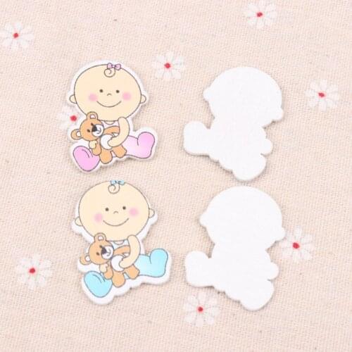 Blue/pink Baby with Bear Painted Wood Buttons No Hole Fancy Buttons For Scrapbooking Craft 20pcs 29x35mm MT0378
