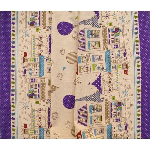 Cotton Linen Fabric for sewing pathwork, bedding - Castle, ballon, tower - Purple (width=110cm)