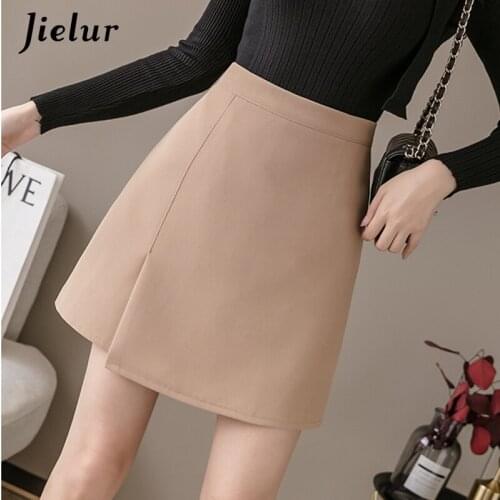 Jielur Fashion Women Skirts Kpop High Waist A-line Mini Skirt for Woman Female S-XL Solid Color Ladies Sexy Vintage Saia Zipper