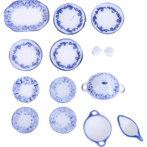 1 Set Cute Blue Mini Dollhouse Ceramic Printing Tableware Bowl Food Dishes Plates Kitchen Toy