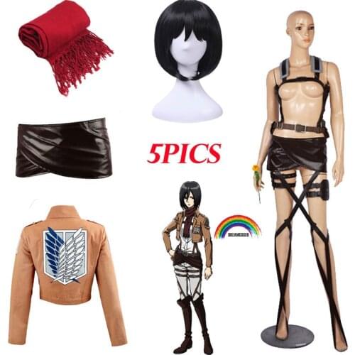 5pics Attack on Titan Mikasa Ackerman Short Bob Black Shingeki no Kyojin Cosplay Costumes Set Recon Corps Harness Belt Leather